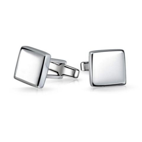 Мужские запонки Bling Jewelry Timeless Solid Flat Square Cufflinks .925 Sterling Silver Hinge Back, цвет: Серебряный