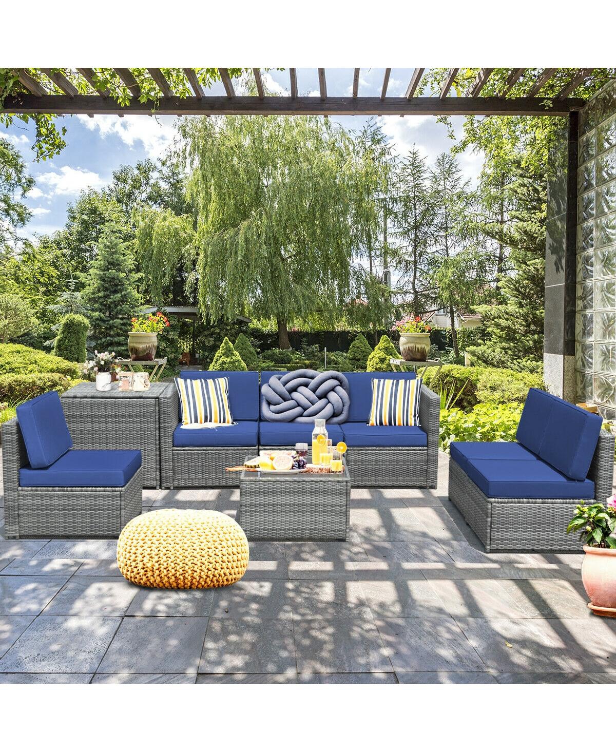 Sugift 8 Piece Wicker Sofa Rattan Dinning Set Patio Furniture with Storage Table-Navy