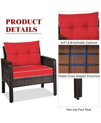3 Pcs Outdoor Patio Rattan Conversation Set with Seat Cushions-Red