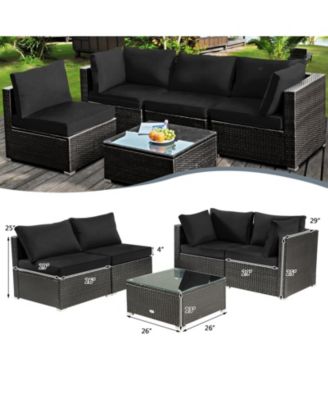 5 Pieces Cushioned Patio Rattan Furniture Set with Glass Table-Black