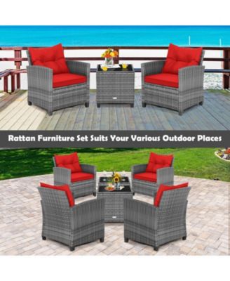 3 Pieces Outdoor Wicker Conversation Set with Tempered Glass Tabletop-Red