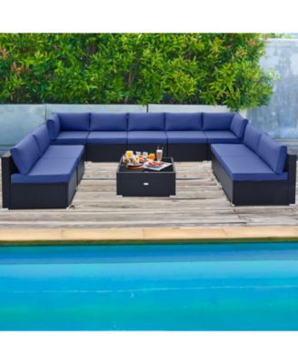 10 Piece Outdoor Wicker Conversation Set with Seat and Back Cushions-Navy