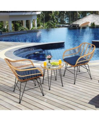 3 Pieces Rattan Furniture Set with Cushioned Chair Table-Navy