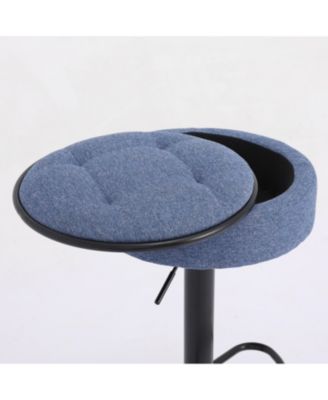 Round Storage Bar Stool Set of 2, Blue Linen Height Adjustable Barstool, 360Counter Height Swivel Stool, Armless Bar Chair with Metal Frame for Kitchen Counter Dining Living Room