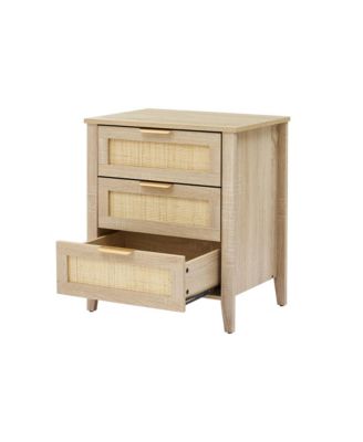 Nightstand, Rattan End Table, Nightstands with 3 Natural Rattan Drawers, Strong Support Wooden Structure, Side Table