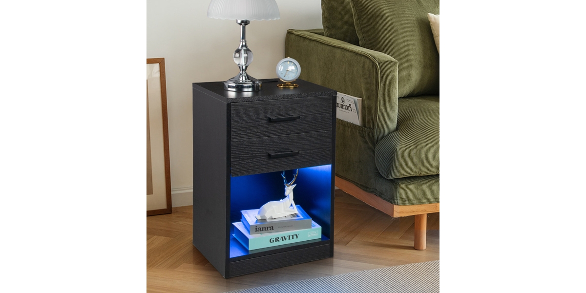 Slickblue Fch 403560cm Particleboard Pasted Triamine Two Drawers With Socket With Led Light Bedside Table White