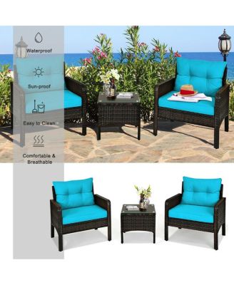 3 Pcs Outdoor Patio Rattan Conversation Set with Seat Cushions-Turquoise