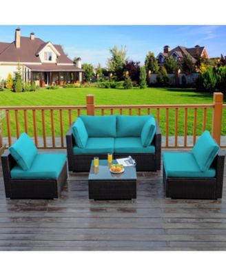 5 Pieces Cushioned Patio Rattan Furniture Set with Glass Table-Turquoise