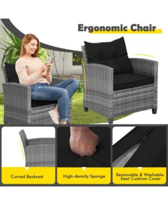 3 Pieces Outdoor Wicker Conversation Set with Tempered Glass Tabletop-Black