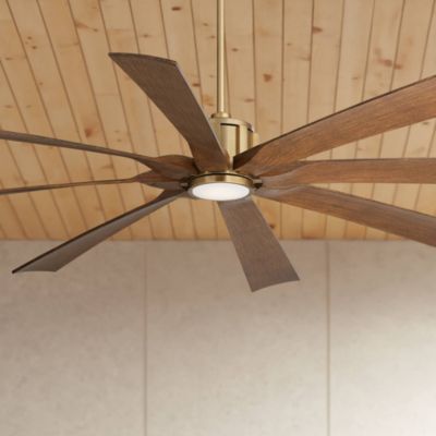 70" Defender Indoor Outdoor Ceiling Fan 8 Blade LED Light Remote Control Soft Brass Motor Koa Finish Blades Damp Rated