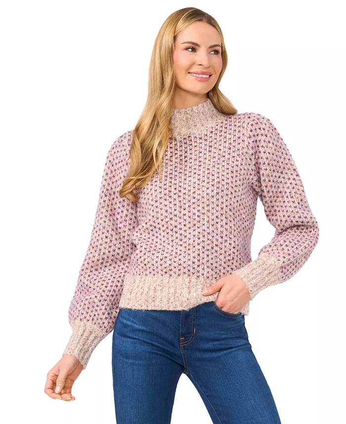 Women's Marled Blouson Sleeve Jacquard Knit Mock Neck Sweater