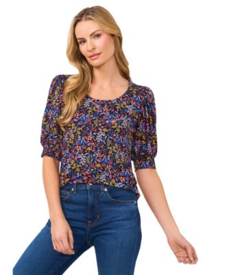 CeCe - Women's Floral-Print Elbow-Sleeve Knit Top