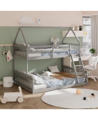 Twin Over Full House Bunk Bed with Ladder and Guardrails-Gray