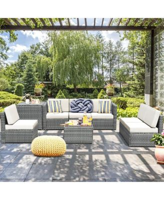 8 Piece Wicker Sofa Rattan Dinning Set Patio Furniture with Storage Table-White