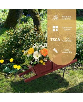 Wooden Wagon Planter with 9 Magnetic Accessories for Garden Yard-Red