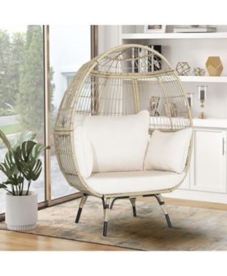 Oversized Patio Rattan Egg Lounge Chair with 4 Cushions-Light Brown