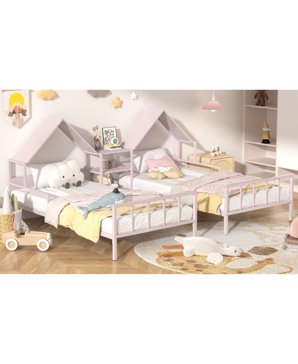 Slickblue Double Twin Size Platform Bed with House-Shaped Headboard & Built-In Nightstand Stylish & Functional