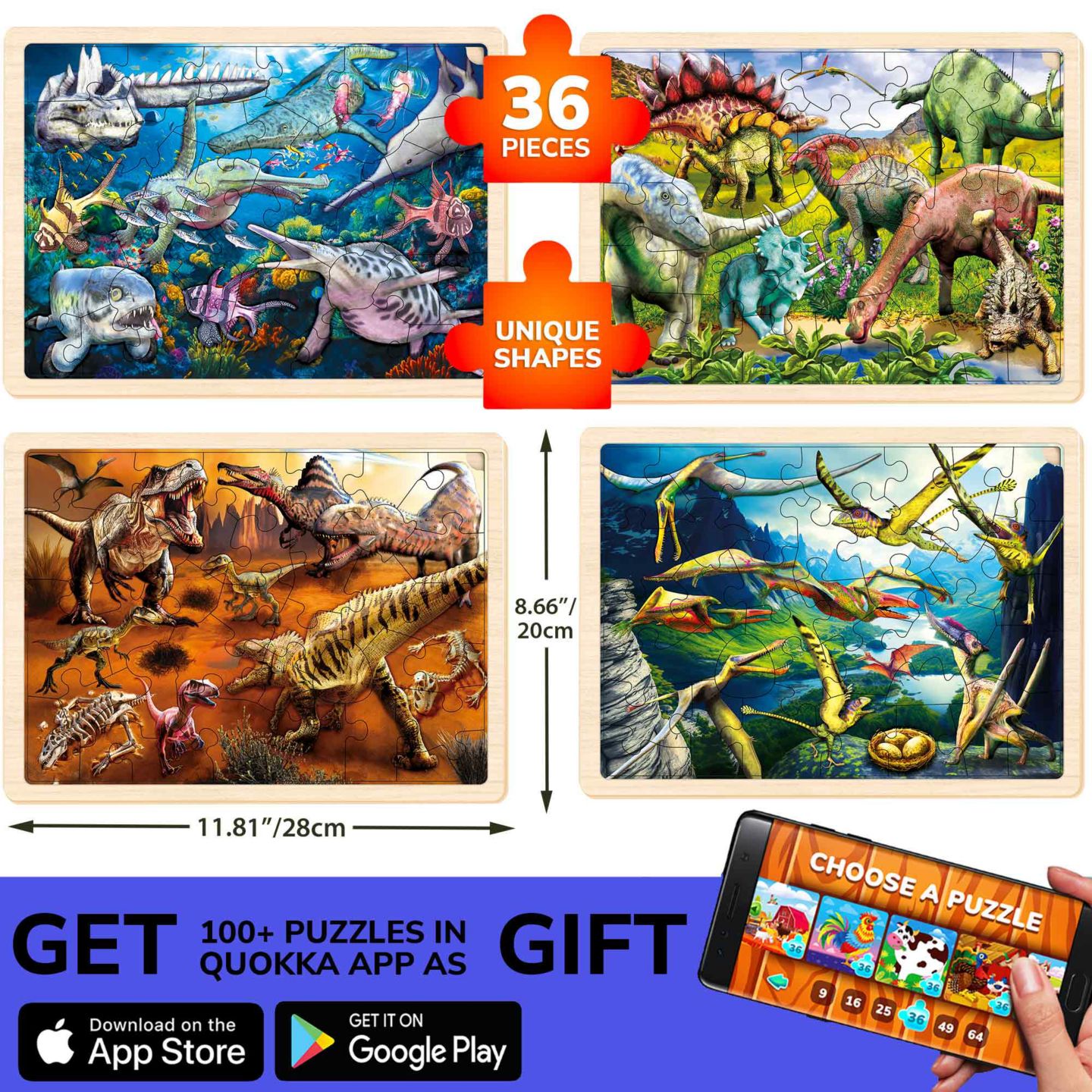 Детские игрушки Quokka Wooden Animal 36-Piece Puzzles, 4-Puzzle Set, Ages 4+, цвет: Dino — фото 6