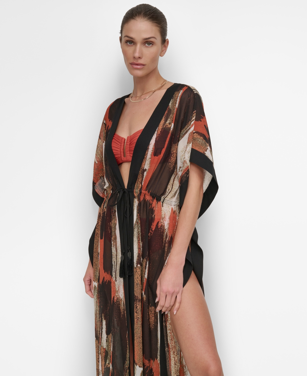 Shop Dkny Women's Tie-front Cover-up Kaftan In Paint Stroke (truffle,black Multi)