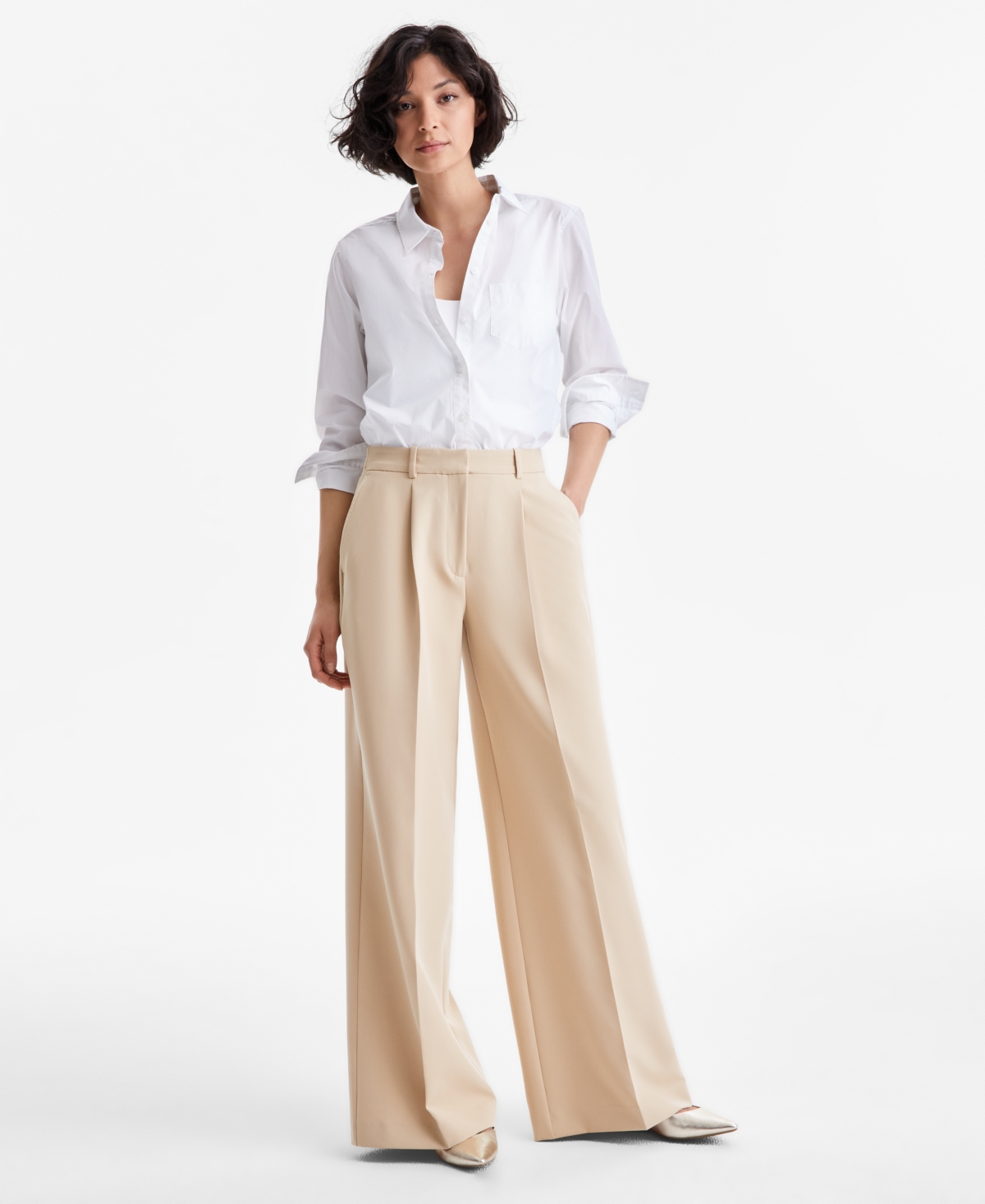 Women's Creased High-Rise Wide-Leg Trousers - Sand