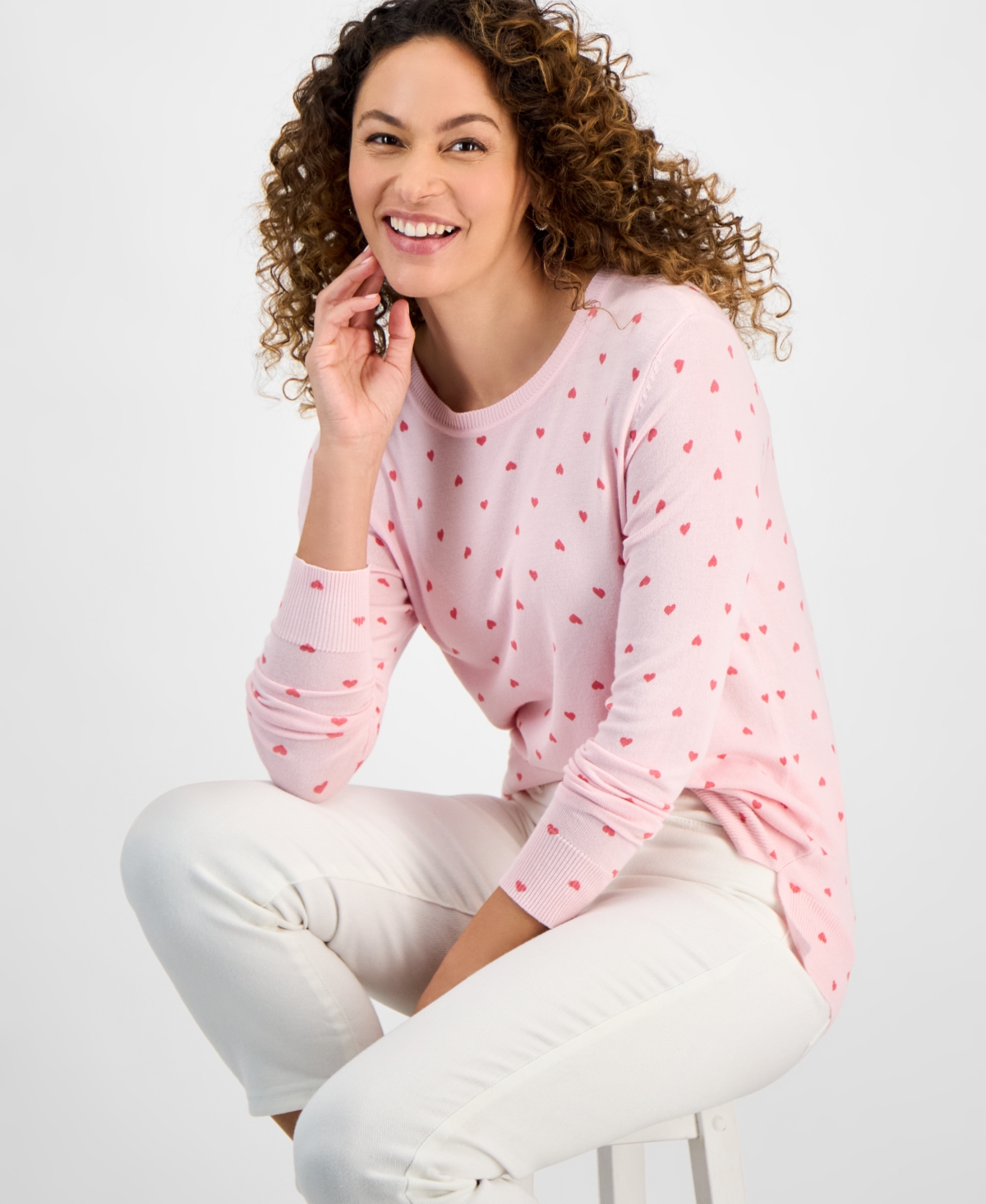 Style & Co Petite Heart Flip Core Crewneck Long Sleeve Sweater, Exclusively at Macy's