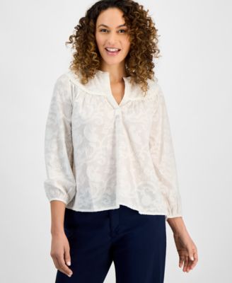 Style & Co - Petite Cotton Split-Neck 3/4-Sleeve Top