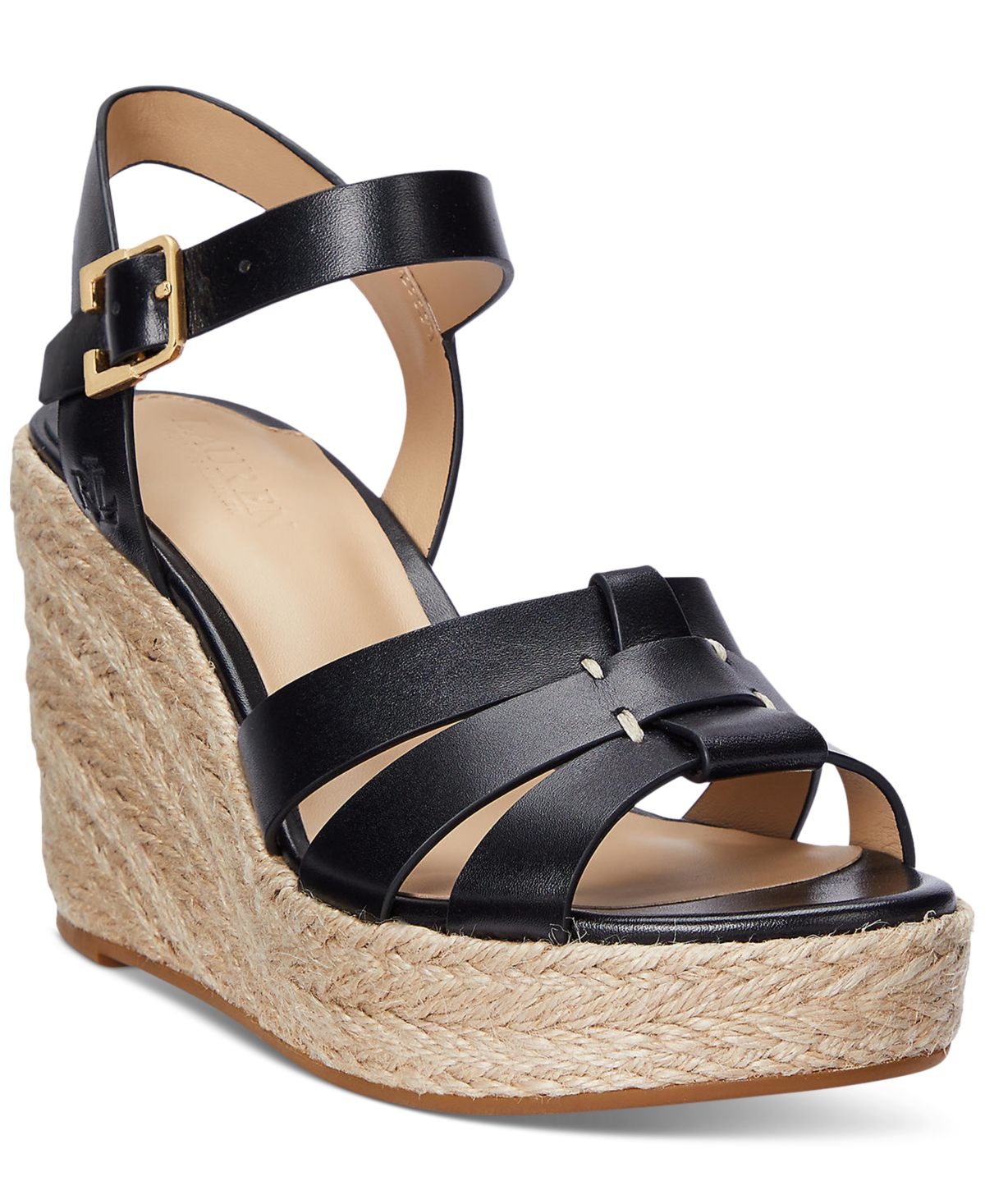 Ralph Lauren Soffia Black Calfskin Leather Wedge Espadrille San In Black