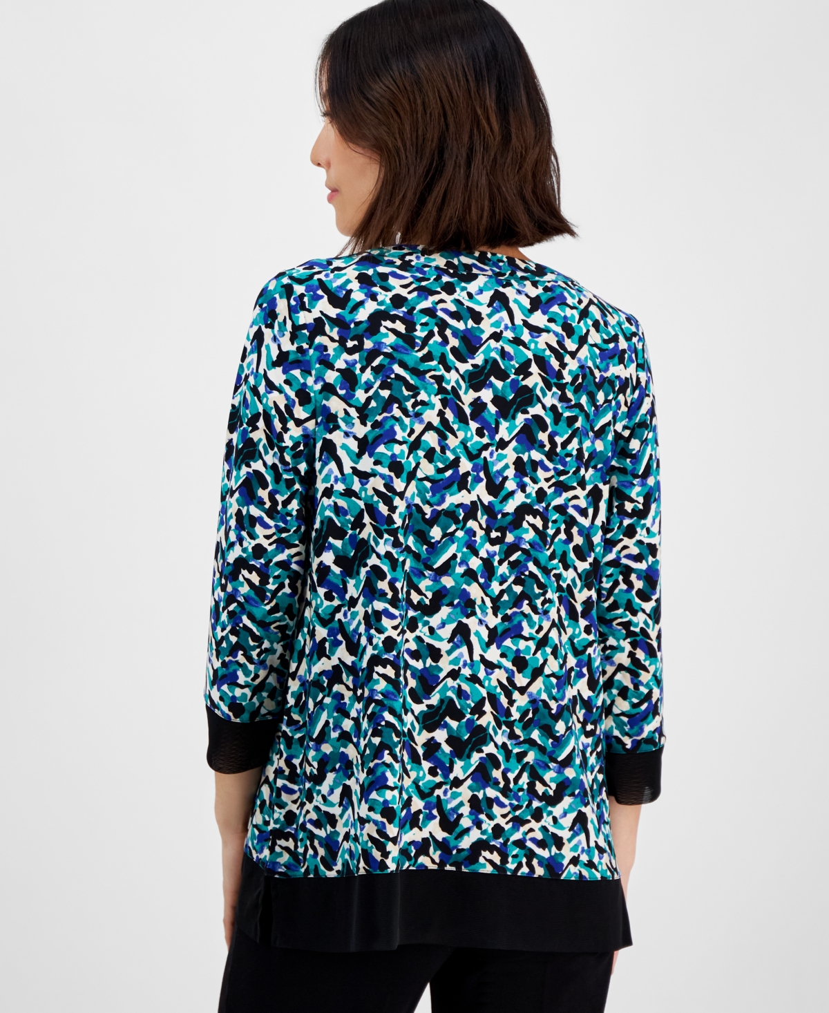 AK ANNE KLEIN PETITE 3/4-SLEEVE SOLID-TRIM PRINTED TUNIC 