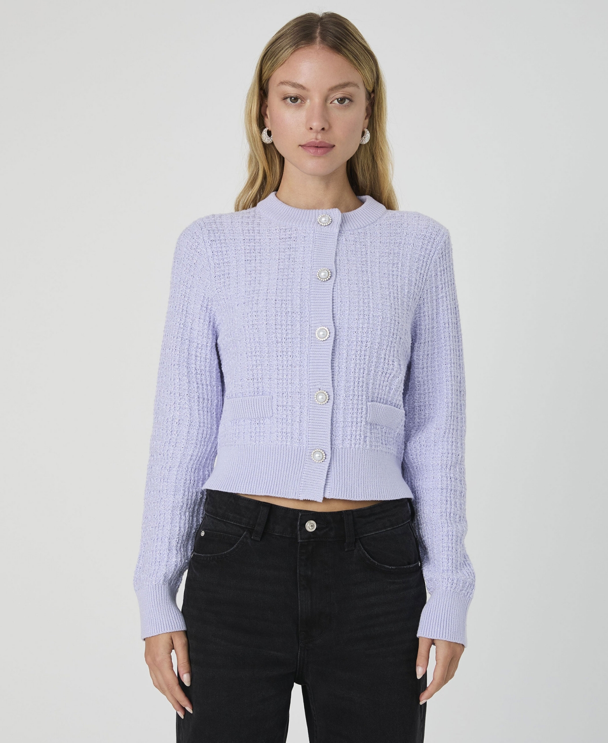 French Connection Lurex Tweed Cardigan In Lavender,silver Lurex