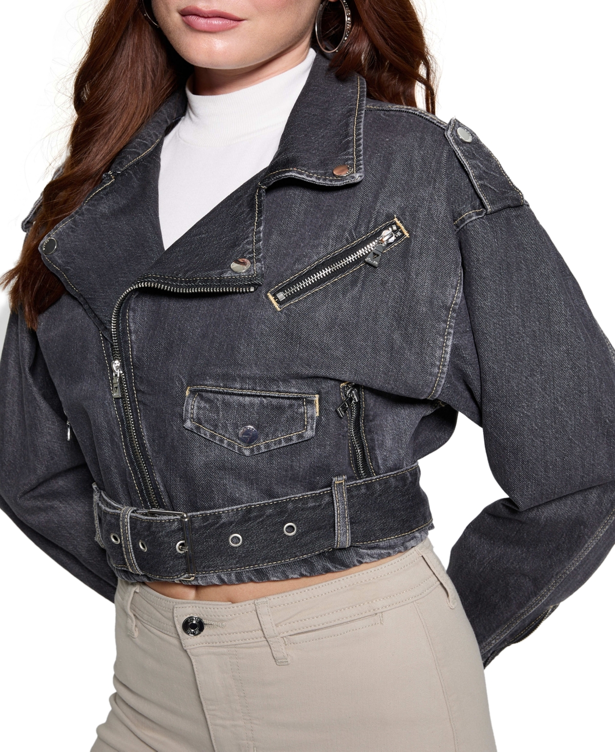 Shop Guess Women's Cropped Belted-hem Denim Moto Sandy Jacket In Tokyo Black