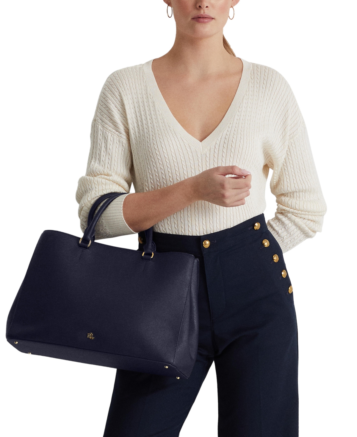 Ralph Lauren Crosshatch Leather Large Hanna Satchel In French Navy