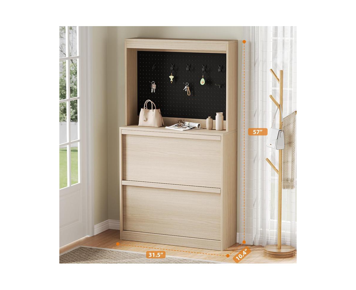 gaomon Shoe Cabinet with 2 Flip Drawers and Storage, Freestanding Shoe Cabinet with Hook, Wooden Shoe Storage Cabinet with Adjustable Shelf, Hidden Sh
