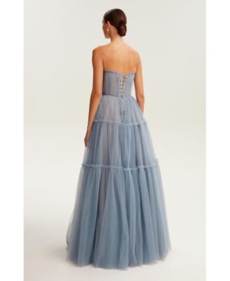 Women's Cloudy Blue Tulle Maxi Dress With Ruffled Skirt