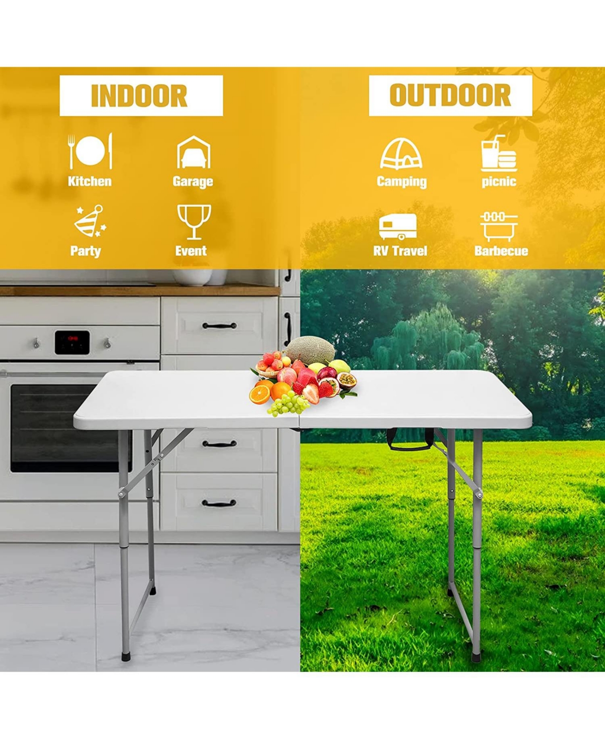 Sugift 4 ft. White Fold-in-Half Steel Outdoor Picnic Folding Table