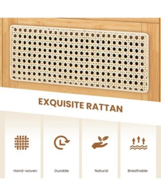 Bamboo Rattan Nightstand with Drawer and Solid Wood Legs-Natural