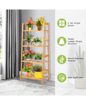 4-Tier Bamboo Plant Rack with Guardrails Stable and Space-Saving-Natural
