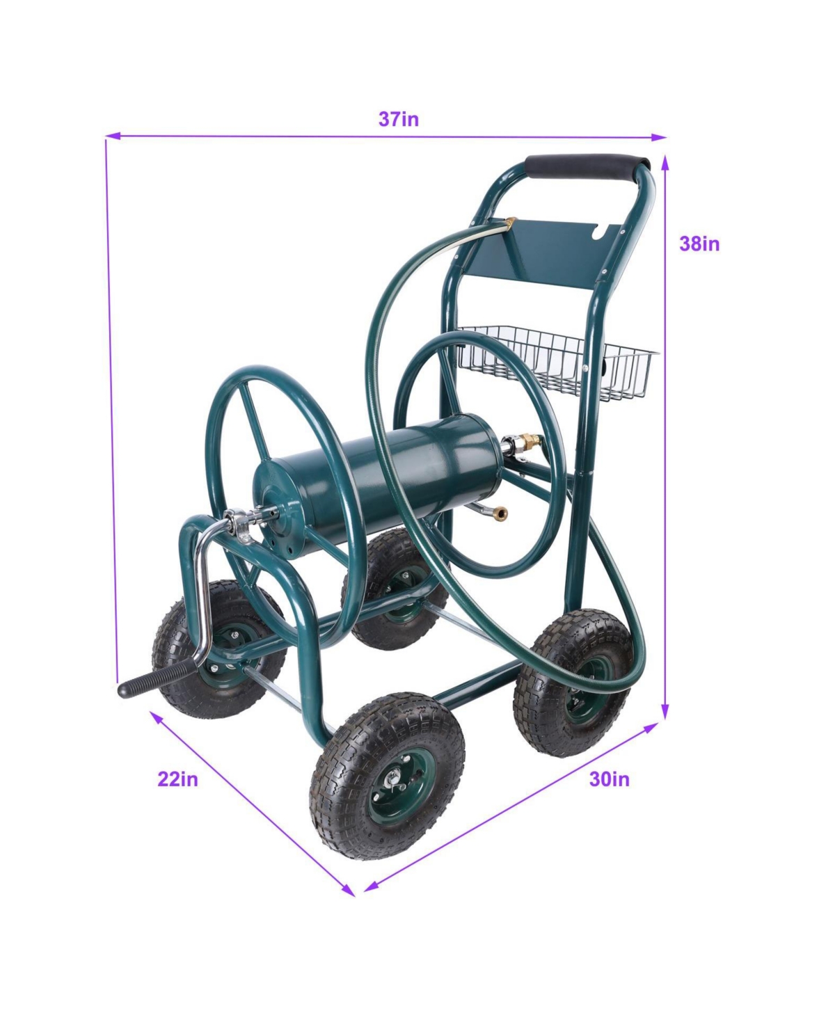 Slickblue Portable Garden Hose Reel Cart with 4 Wheels and Storage Basket, Rust-Resistant Heavy-Duty Water Hose Holder