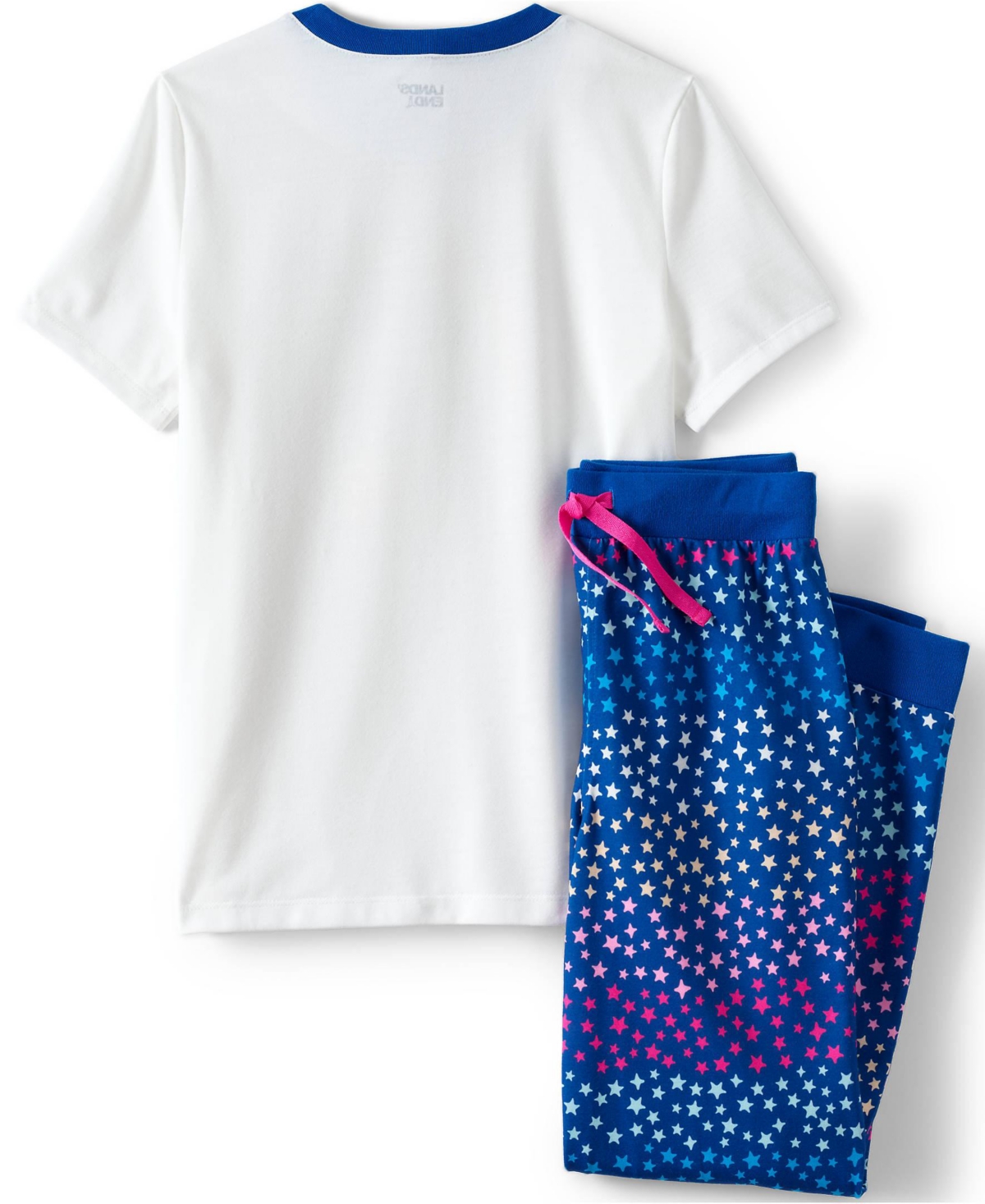Lands' End Big Girls Short Sleeve Top and Jogger Bottom Pajama Set - White stars and rainbow