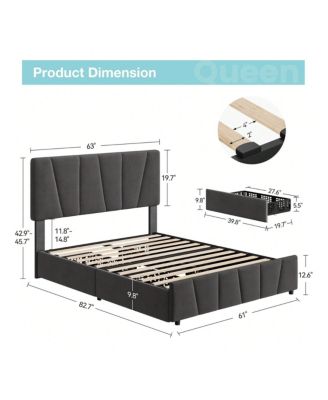 Bed Frame With Storage Drawers And Headboard, Upholstered Platform Bed Frame With Wooden Slats Support, No Box Spring Needed