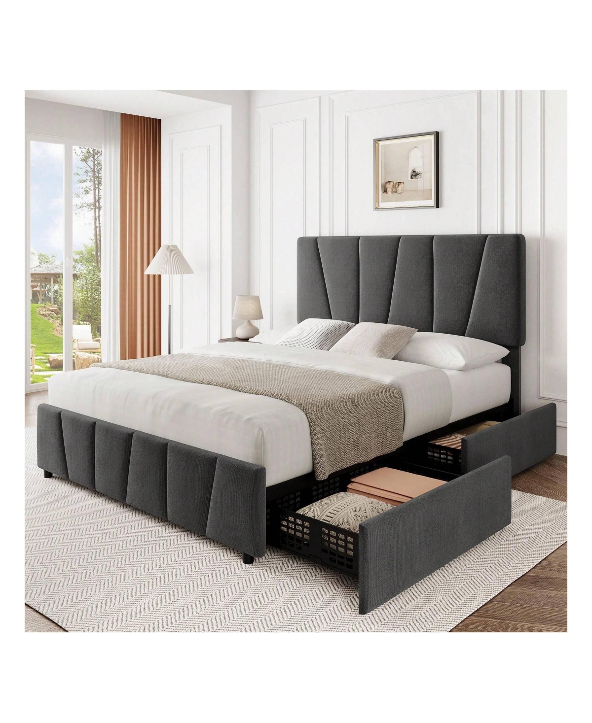 gaomon Bed Frame With Storage Drawers And Headboard, Upholstered Platform Bed Frame With Wooden Slats Support