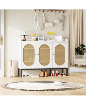 3-Door Shoe Cabinet – White, Rattan Style, 7-Tier Adjustable Shelves, Freestanding Storage for Entryway & Living Spaces.