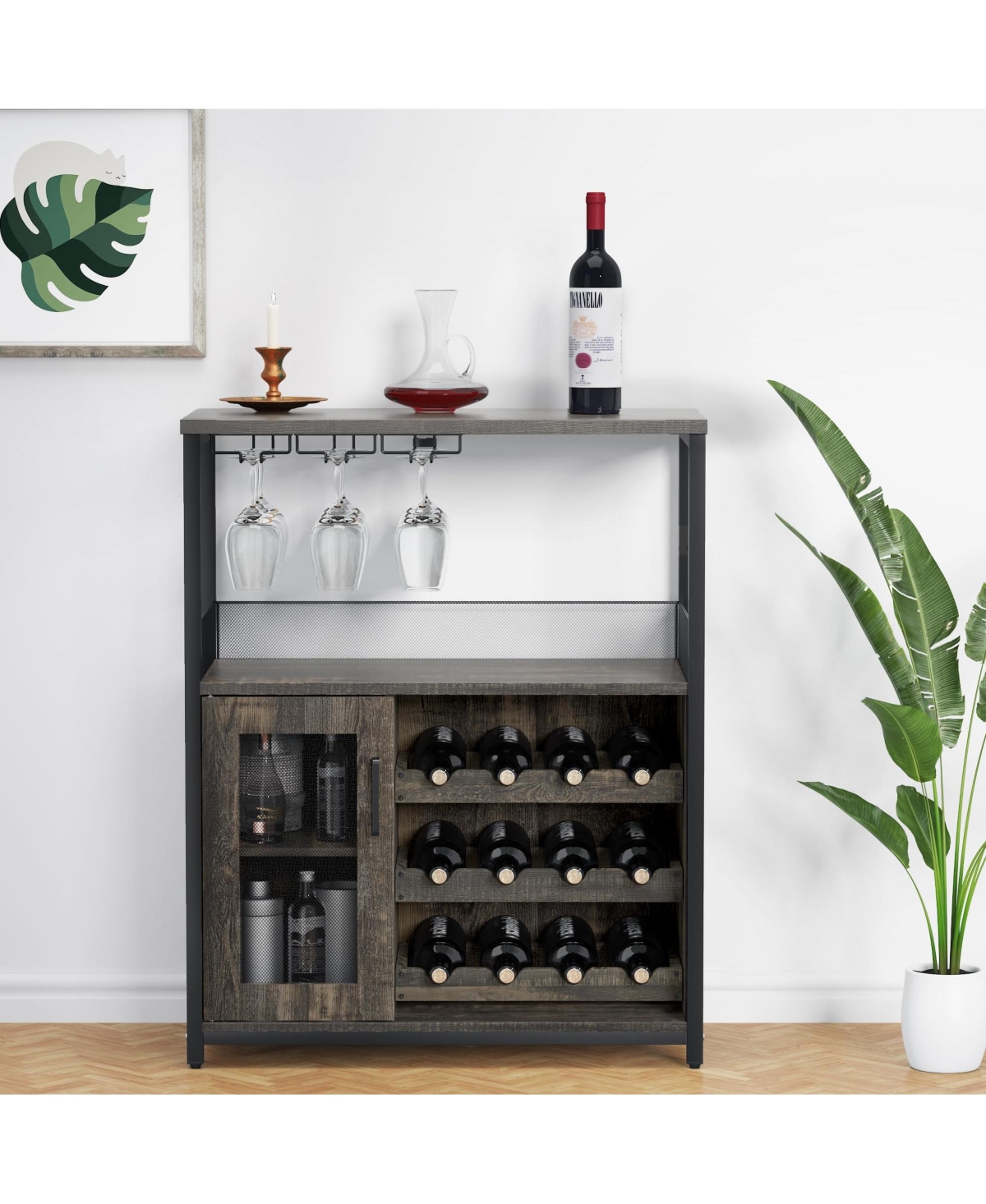 gaomon Wine Bar Cabinet with Detachable Wine Rack, Bar Rack Cabinet with Glass Holder and 1 Drawer, Mesh Door, Small Sideboard
