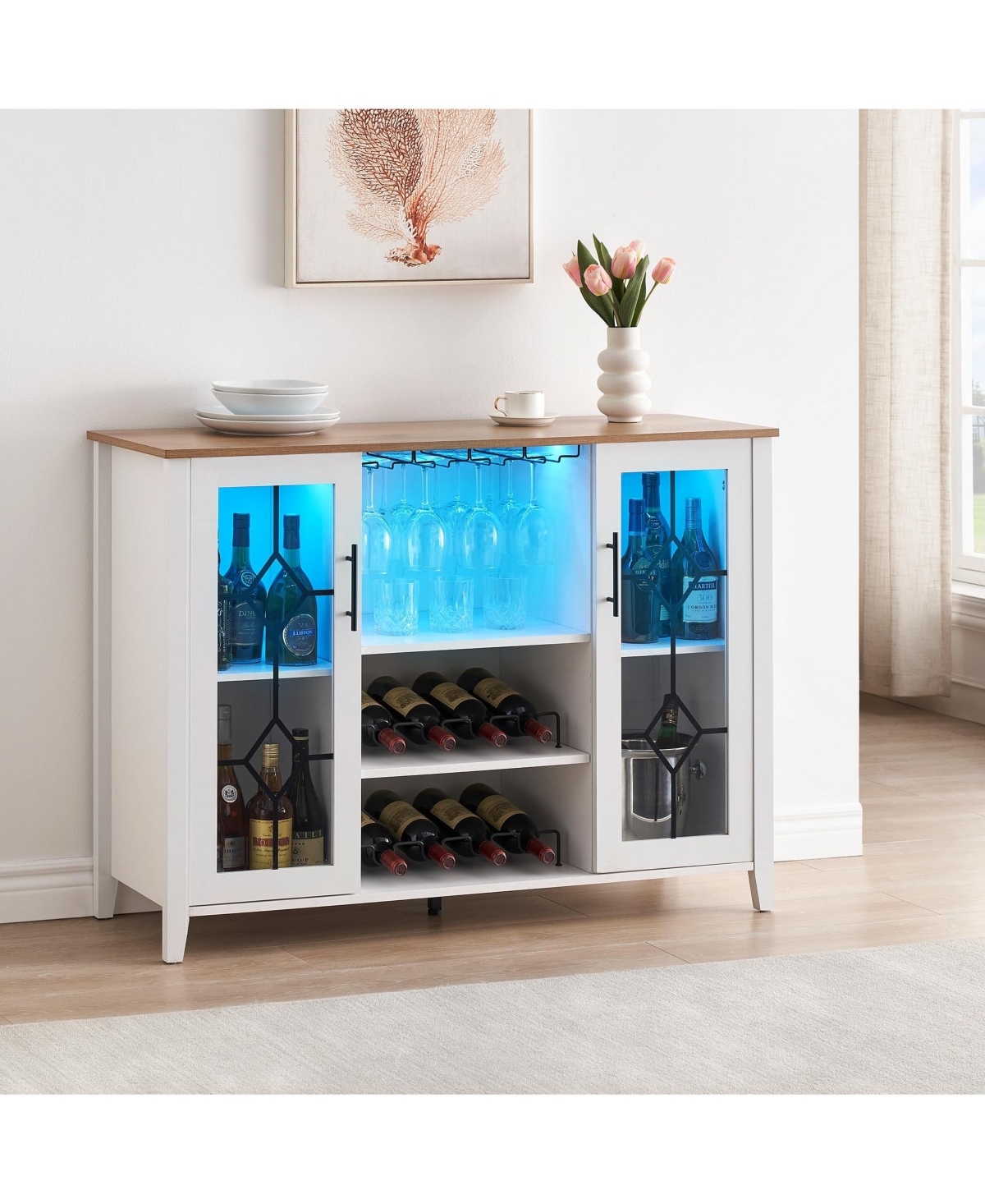 gaomon Wine Bar Cabinet with Led Light,Home Coffee Cabinet with Wine and Glass Rack,Kitchen Buffet Sideboard with Storage