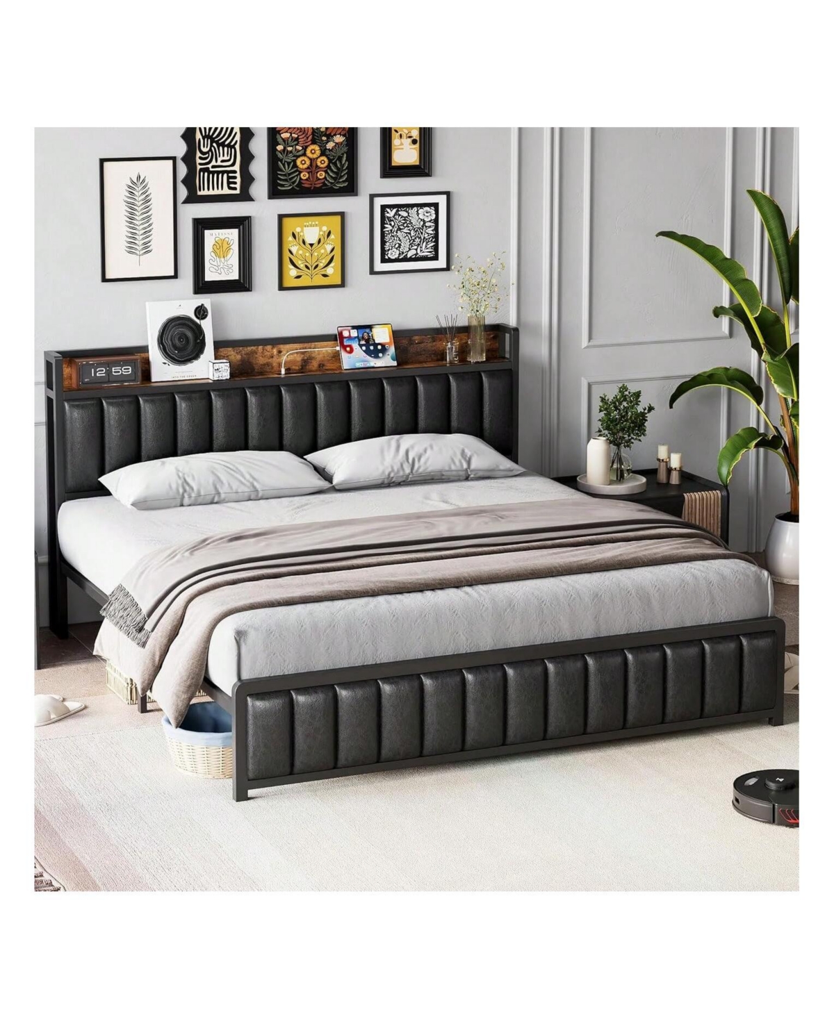 gaomon Full/Queen/King Size Bed Frame With Shelf Headboard And Charging Station, Industrial Upholstered Platform Bed With Outlets, Heavy Duty Metal Sl