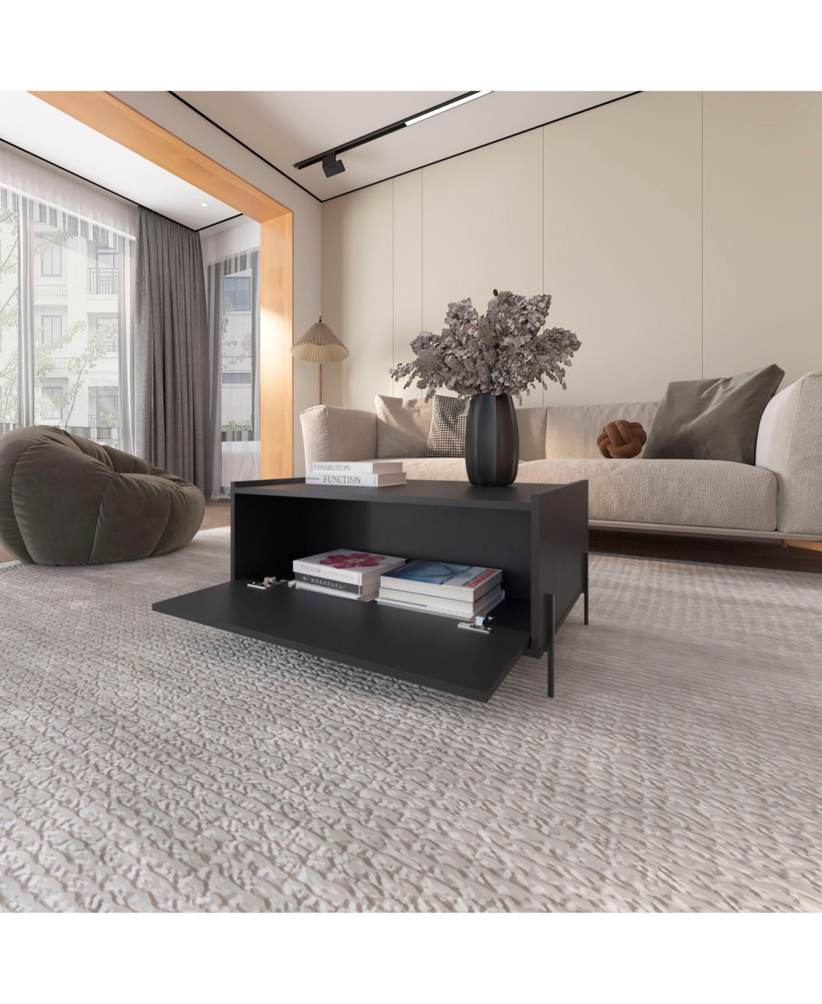 Fm Furniture Glendale Coffee Table with Flip-Down Door in Melamine,- Black