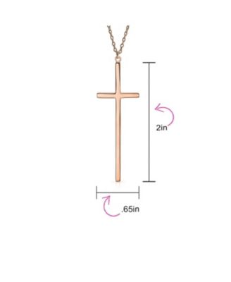 Modern Elongated Simple Basic Long Flat Thin Delicate Religious Latin Cross Pendant Necklace Rose Gold Plated .925 Sterling Silver