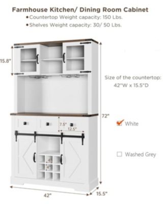 72" Farmhouse Bar Cabinet with Sliding Barn Door, Tall Kitchen Buffet with Storage Hutch and 3 Drawer