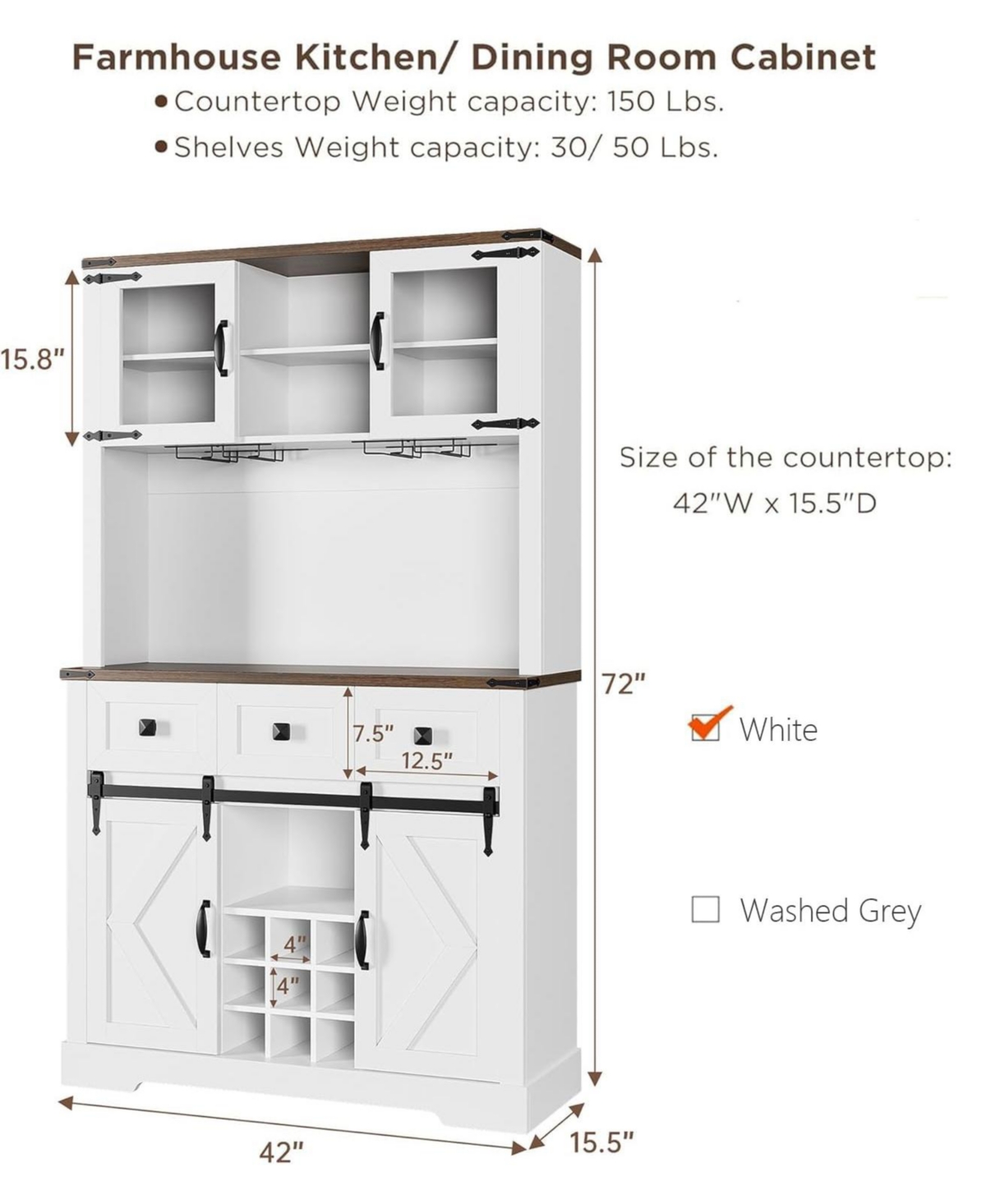 gaomon 72" Farmhouse Bar Cabinet with Sliding Barn Door, Tall Kitchen Buffet with Storage Hutch and 3 Drawer