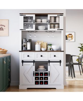 72" Farmhouse Bar Cabinet with Sliding Barn Door, Tall Kitchen Buffet with Storage Hutch and 3 Drawer