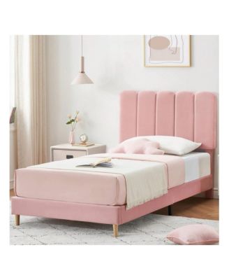 Twin Bed Frame For Girls, Twin Size Velvet Upholstered Bed Frame With Headboard, No Box Spring Needed, Wooden Slats Support, Easy Assembly